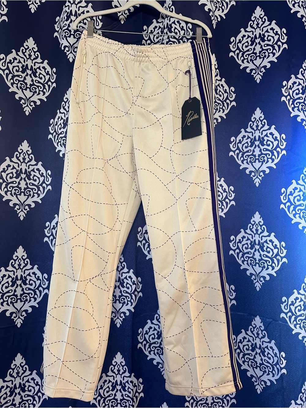 Needles Cream Track Pants with Navy Triple Side Stripe